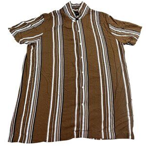 Shaquille O’Neal Button Up Shirt Men Extra Large Brown Vertical Stripe Short Sle